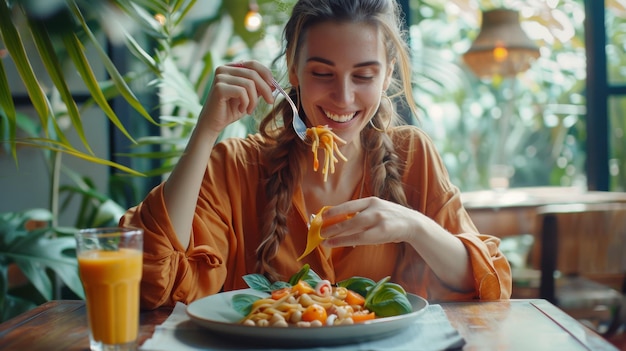 Photo joyful woman enjoying a pasta meal