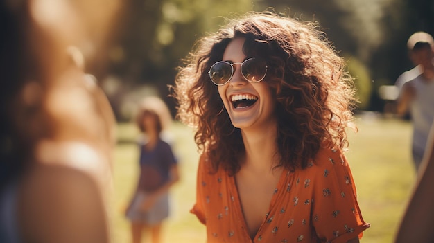 Photo a joyful woman enjoying a sunny day in a park laughing and having fun with friends