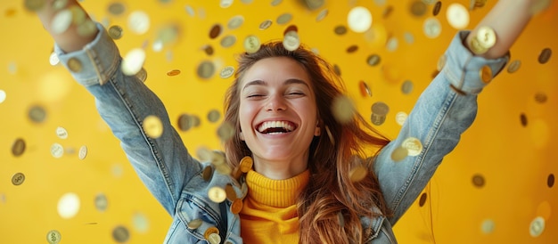 Photo joyful woman under golden confetti rain