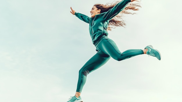 A joyful woman in a green sports outfit leaps into the air against a cloudy sky capturing a moment