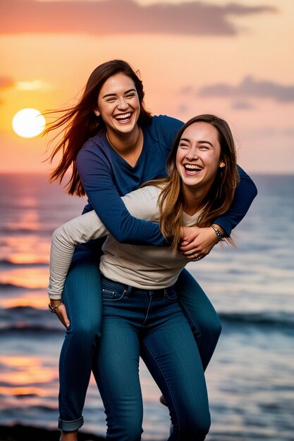 Joyful woman having fun while piggybacking on a penthouse terrace