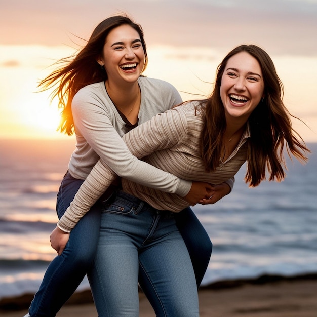 Joyful woman having fun while piggybacking on a penthouse terrace