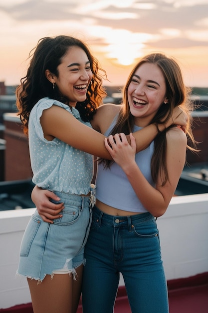 Joyful woman having fun while piggybacking on a penthouse terrace