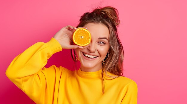 Photo joyful woman hiding her eye with a vibrant orange fruit