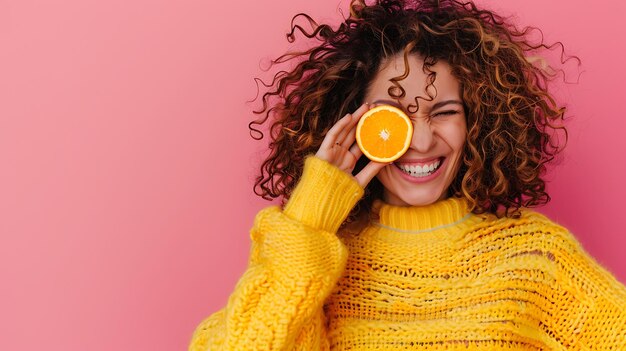 Joyful woman hiding her eye with a vibrant orange fruit