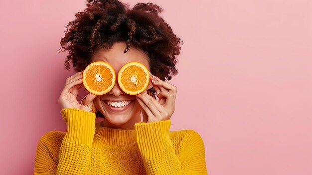 Joyful woman hiding her eye with a vibrant orange fruit