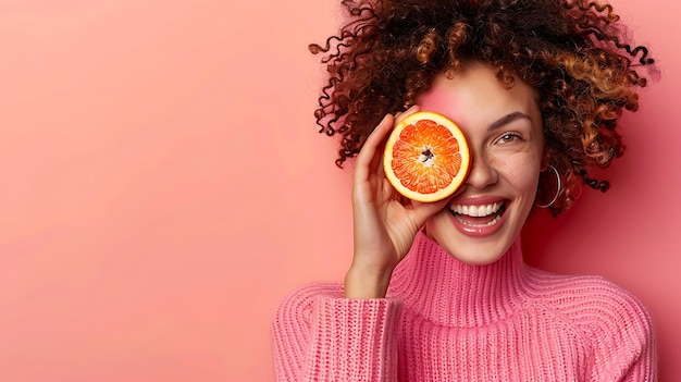 Joyful woman hiding her eye with a vibrant orange fruit