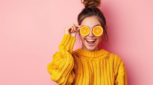 Photo joyful woman hiding her eye with a vibrant orange fruit