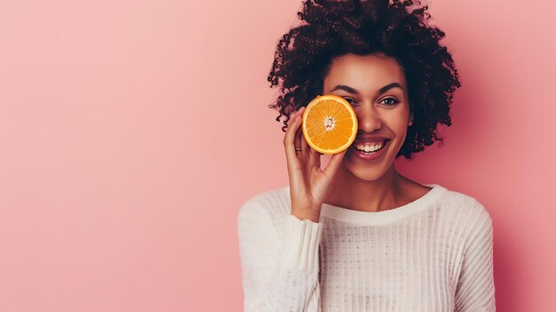 Joyful woman hiding her eye with a vibrant orange fruit