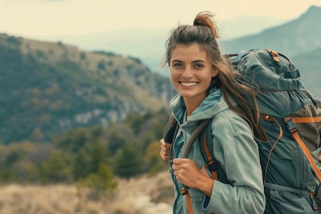 Joyful Woman Hiking on a Mountain Trail