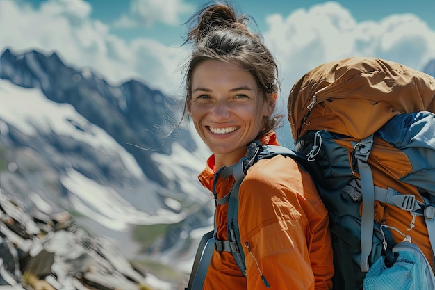 Joyful Woman Hiking on a Mountain Trail