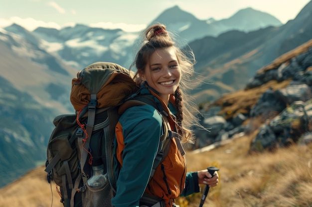 Joyful Woman Hiking on a Mountain Trail