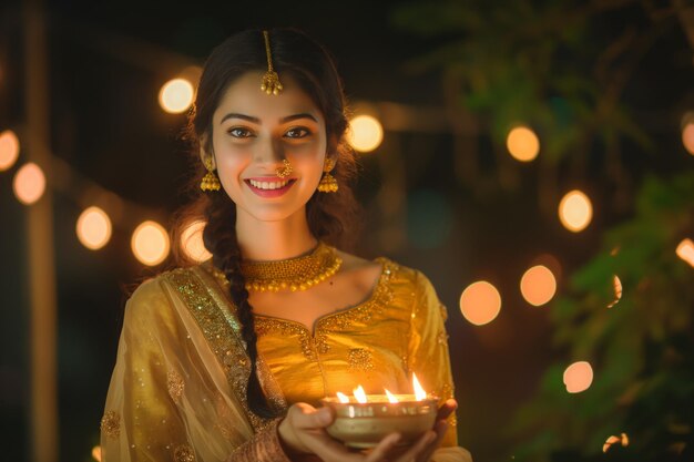 Joyful Woman Holding Diyas During Diwali Festival Celebrations in India