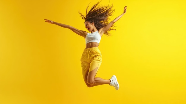 A joyful woman jumps with excitement against a vibrant yellow background during a spirited dance session in a sunny studio