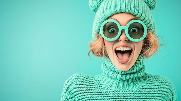 Joyful Woman in Mint Sweater and Fun Accessories