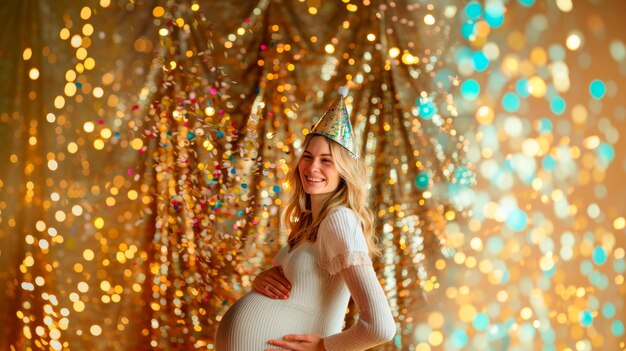 Photo a joyful woman in a party hat celebrates amid sparkling festive lights