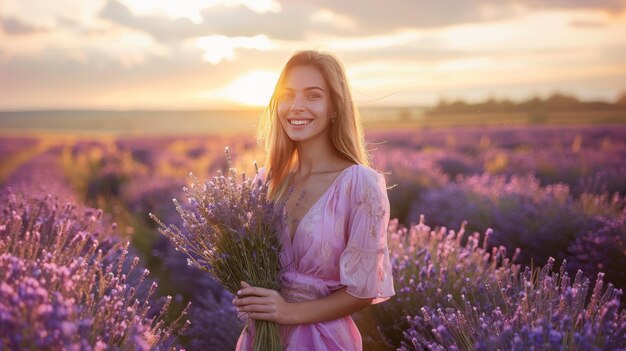 Joyful woman in pink dress with lavender bouquet at sunset lavender aromatherapy concept photo