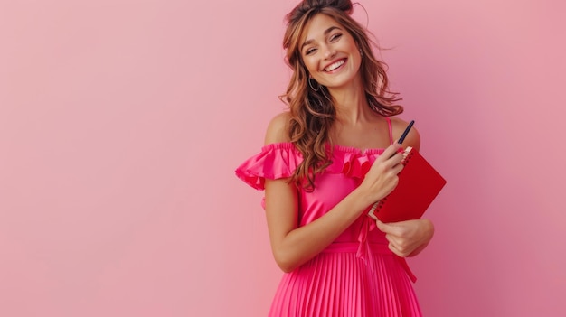 Photo a joyful woman in pink dress