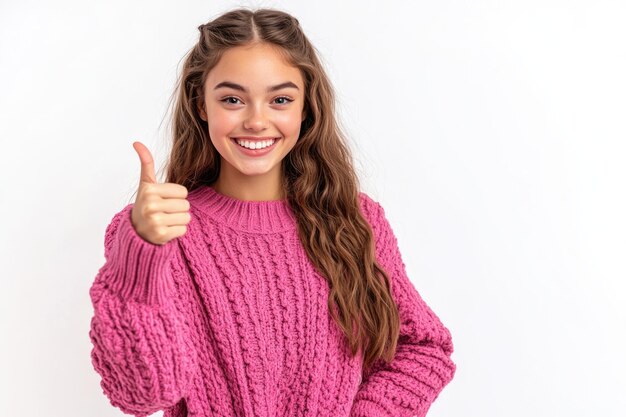 Joyful Woman in Pink Sweater Pointing and Smiling