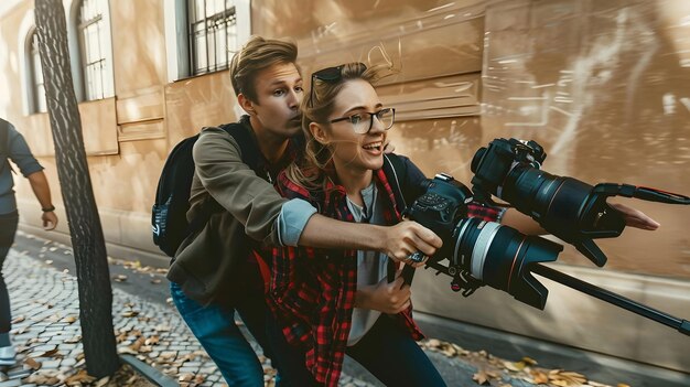 Photo joyful woman playfully guiding cameraman on street