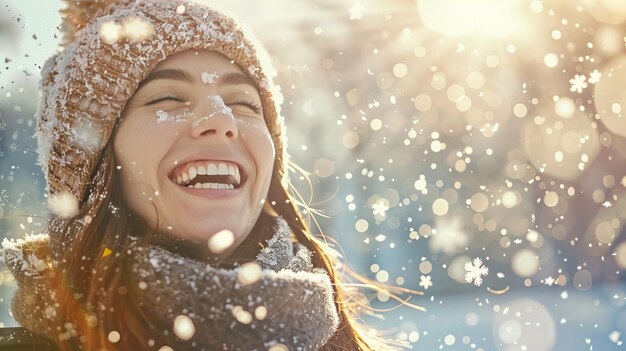 Photo joyful woman playfully tossing snow in the air on a bright winter day radiating happiness