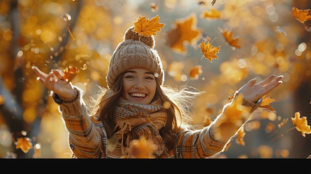 Photo joyful woman playing with falling leaves on a bright autumn day