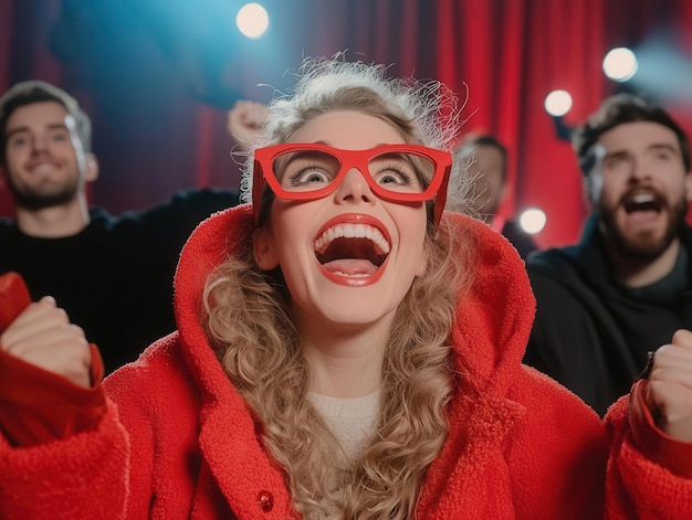 A joyful woman in red glasses celebrates with friends embodying excitement and happiness in a lively event atmosphere