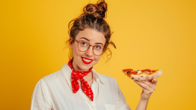 Photo a joyful woman smelling a slice of pizza wearing a red bandana glasses and a casual white blouse against a yellow background