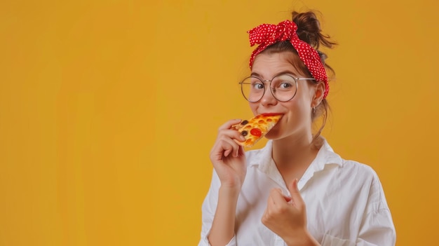 Photo a joyful woman smelling a slice of pizza wearing a red bandana glasses and a casual white blouse against a yellow background