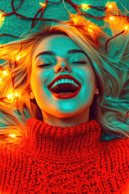 Photo joyful woman smiling amidst vibrant festive lights in cozy winter sweater