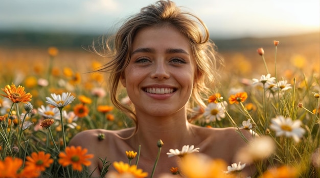 Photo a joyful woman smiling amidst a vibrant field of flowers basking in natural sunlight