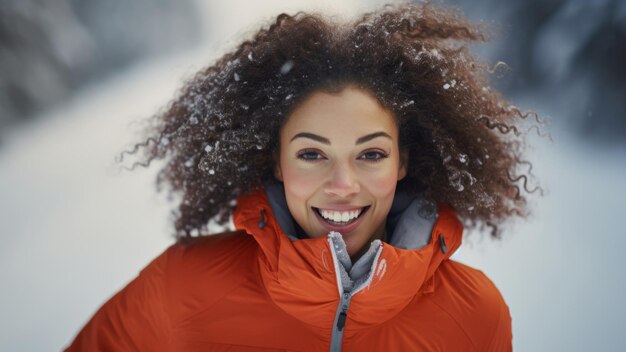 Joyful woman in a snowy setting with snowflakes