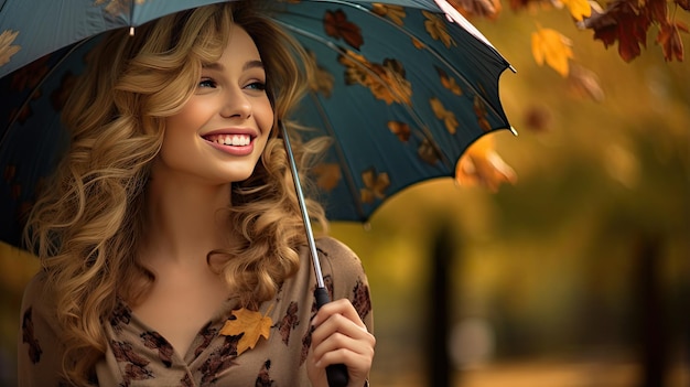 a joyful woman standing outdoors on a rainy day holding a colorful umbrella Her sincere smile