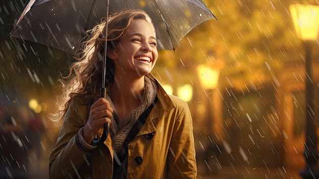 a joyful woman standing outdoors on a rainy day holding a colorful umbrella Her sincere smile