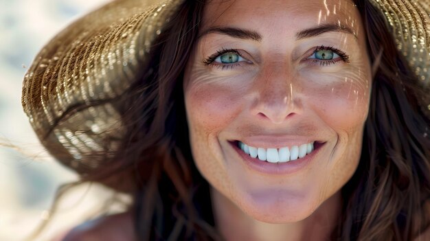 Joyful Woman in Sun Hat Enjoying Summer Day by the Beach Closeup of Smiling Face Candid Style Leisure Concept Sunlit Portrait for Lifestyle Use AI