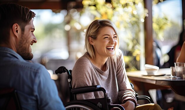 A Joyful Woman in a Wheelchair Finds Humor in a BlueShirted Man