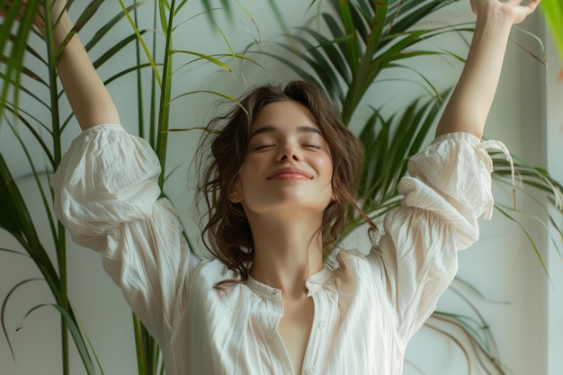 Photo joyful woman in white shirt raising arms amidst greenery