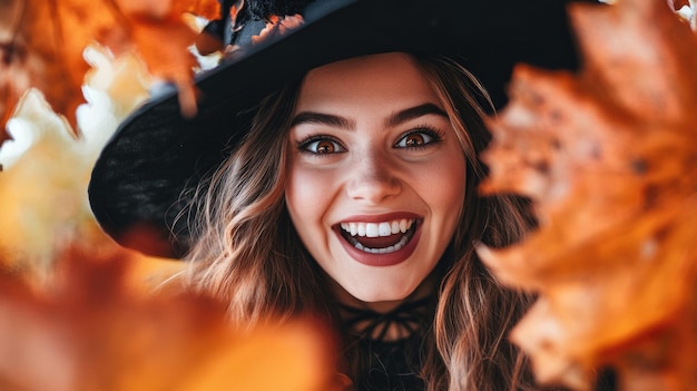 Photo joyful woman with brown hair and black hat in autumn leaves