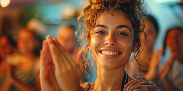 Photo a joyful woman with curly hair clapping her hands smiling brightly at an event surrounded by a warm atmosphere