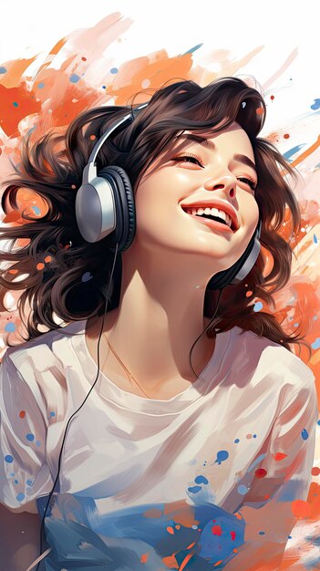 Joyful woman with curly hair enjoying music in headphones radiant smile