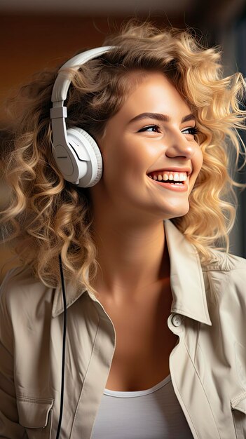 Joyful woman with curly hair enjoying music in headphones radiant smile