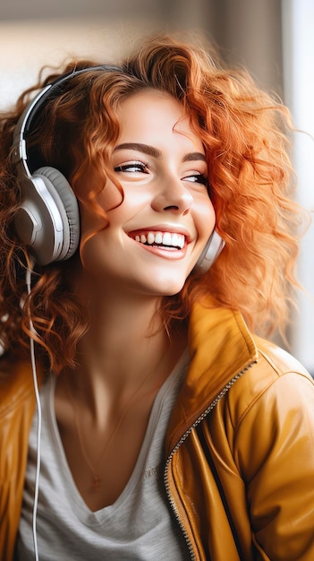 Joyful woman with curly hair enjoying music in headphones radiant smile