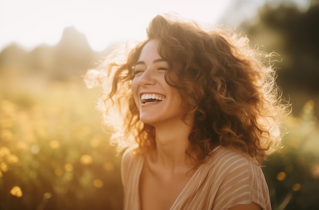 Photo a joyful woman with curly hair laughing in a sunlit field surrounded by yellow flowers radiating happiness