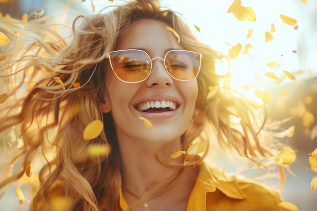 Photo joyful woman with flowing hair surrounded by yellow petals in golden sunlight