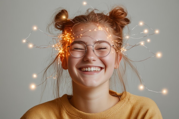 Photo joyful woman with glowing brain embracing the power of positive energy and the joy of mental clarit