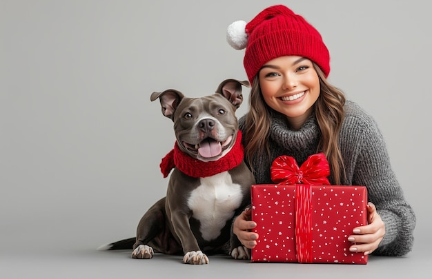 Photo a joyful woman with her dog both in christmas hats holding a gift box