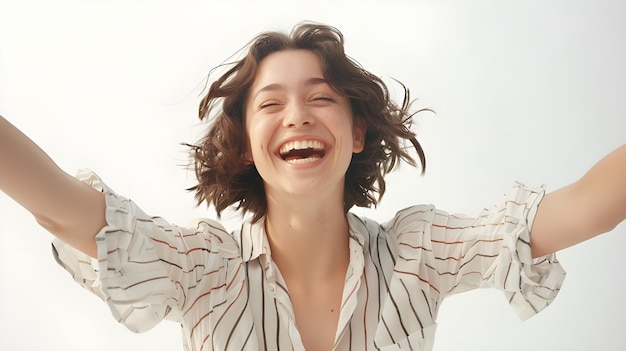 Photo joyful woman with open arms laughing