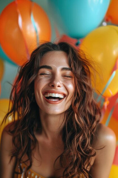 A joyful woman with wavy hair laughing surrounded by colorful balloons capturing the essence of a fun celebration