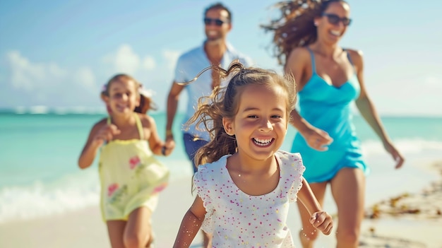 Joyful young family with two children running on the beach and enjoying summer vacat Generative AI