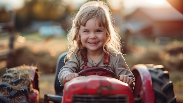 Photo joyful young girl driving toy tractor in rural setting childhood happiness and outdoor play concept